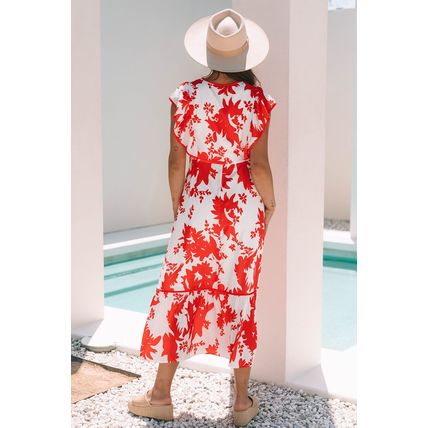 Red Floral Print Trimmed V Neck Ruffle Sleeve Long Dress
