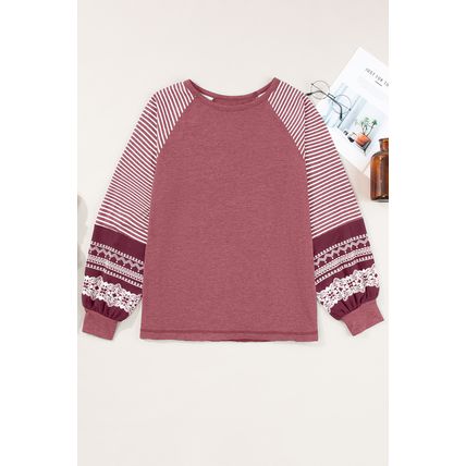 Mineral Red Contrast Print Striped Raglan Long Sleeve Loose Top