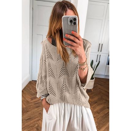 Parchment Hollow Out Knit 7/8 Sleeve Casual Sweater