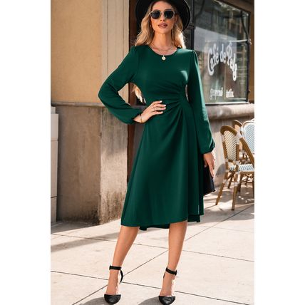 Blackish Green Solid Color Ruched Detail Long Sleeve Midi Dress