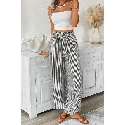 Black Stripe Tied High Waist Loose Straight Casual Pants