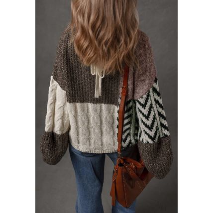 Brown Color Block Patchwork Knotted Back Loose Fit Sweater