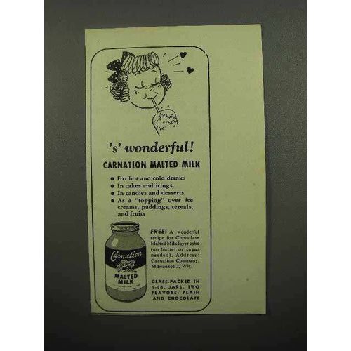 1946 Carnation Malted Milk Ad - 's' Wonderful