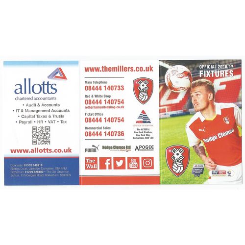 Fixture Card ROTHERHAM UNITED 2016-17 (Mint Condition - No Folds)