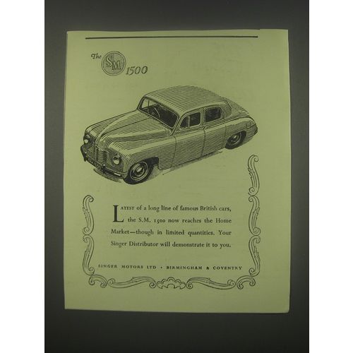 1949 Singer S.M. 1500 Car Ad - Latest of a long line of famous British Cars