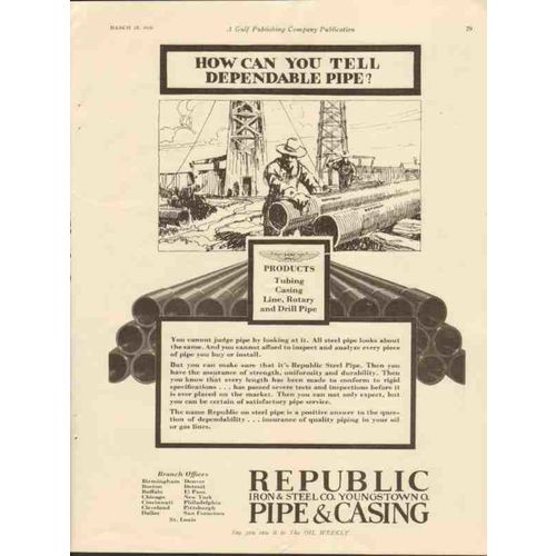 REPUBLIC IRON STEEL COMPANY 1928 dependable pipe oil vintage ad