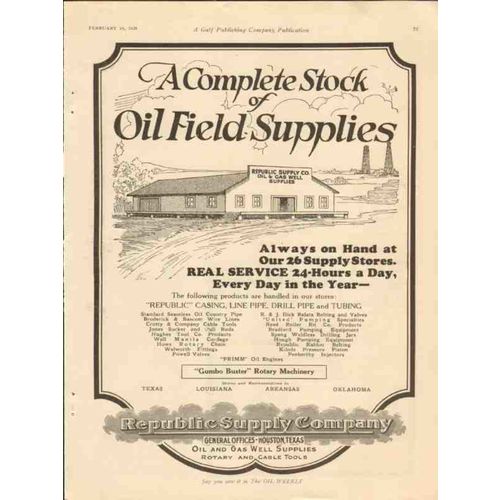 REPUBLIC SUPPLY COMPANY 1928 stock gas oil field supplies vintage ad