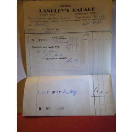 LANGLEY'S GARAGE, CHIPPENHAM, WILTSHIRE 1967 paper INVOICE/receipt. BATTERY #
