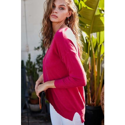 V Neck 3/4 Sleeve Side Slit Hi-lo Sweater