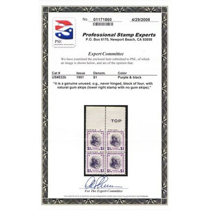 832B, Mint NH $1 On Watermarked Paper With PSE Certificate READ - Stuart Katz
