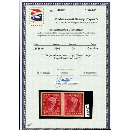 368H, Mint NH XF 2¢ Imperforate Coil Pair With PSE Certificate - Stuart Katz