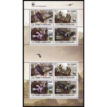 Sao Tome Birds WWF Grey Parrot Sheetlet of 2 sets 2009 MNH MI#3777-3780