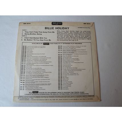7" 1965. E P. BILLIE HOLIDAY. 4 TRACKS. JAZZ ,BRAVO 374. near mint. NO MARKS !!!