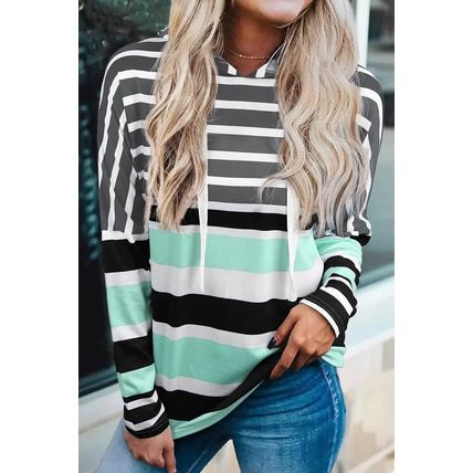 Green Striped Drawstring Long Sleeve Hoodie