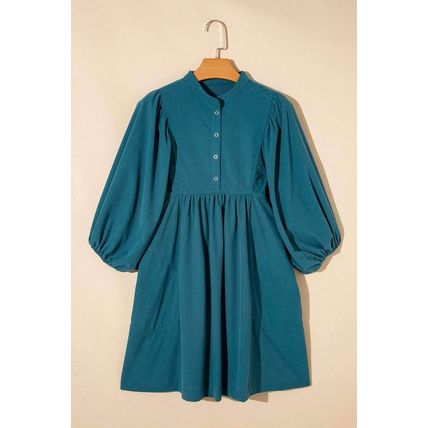 Blue Corduroy Snap Buttons Empire Waist Bracelet Sleeve Dress
