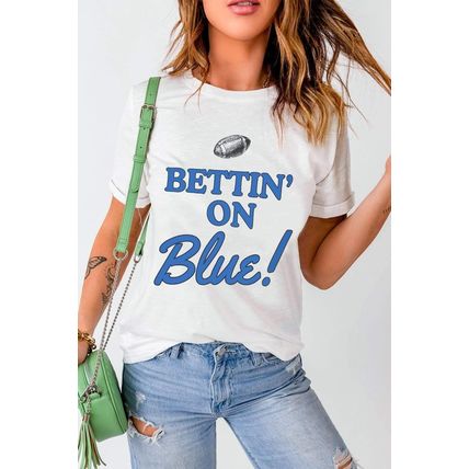 White Rugby Football BETTIN ON Blue Graphic Crewneck T Shirt