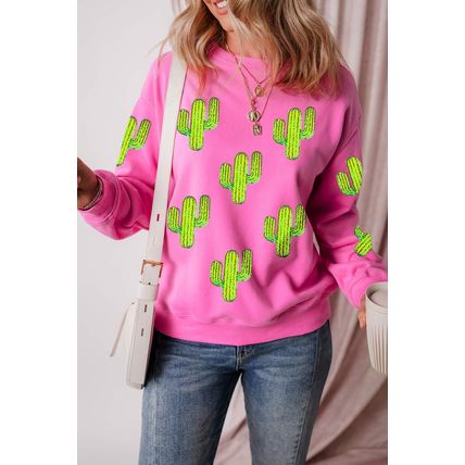 Bonbon Sequined Cactus Pattern Crewneck Pullover Sweatshirt