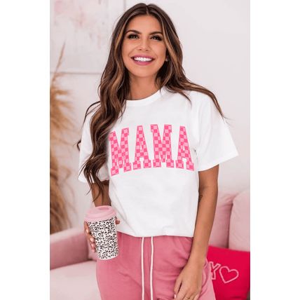 White Checkered MAMA Letter Graphic T Shirt