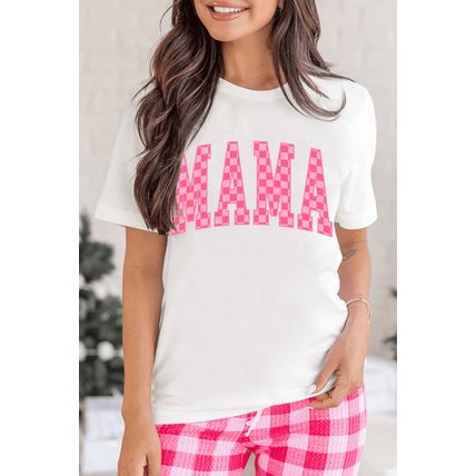 White Checkered MAMA Letter Graphic T Shirt