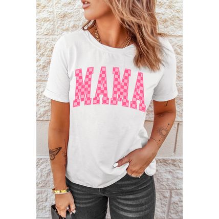 White Checkered MAMA Letter Graphic T Shirt