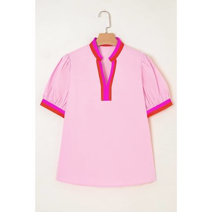Pink Contrast Striped V Neck Collision Short Puff Sleeve Blouse
