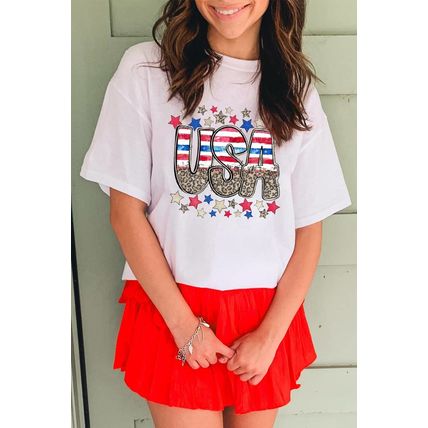White Patriotic Star Leopard USA Letter Graphic T Shirt