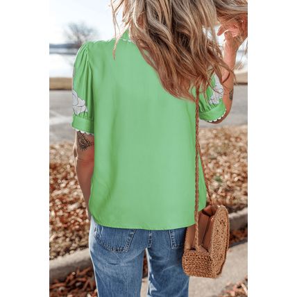Green Floral Ric Rac Edge Puff Sleeve Button Up Summer Shirt