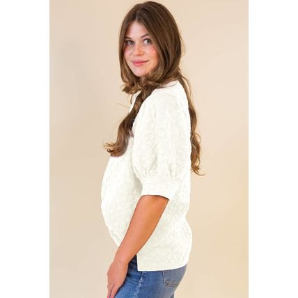 White Textured Puff Half Sleeve Collared V Neck Top