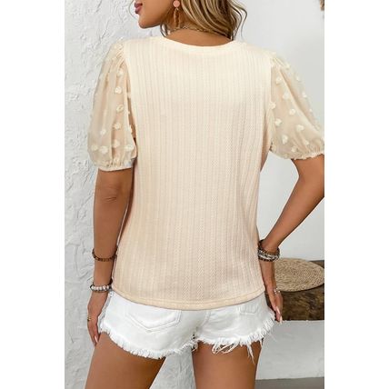 Apricot Polka Dot Mesh Puff Sleeve Textured Blouse