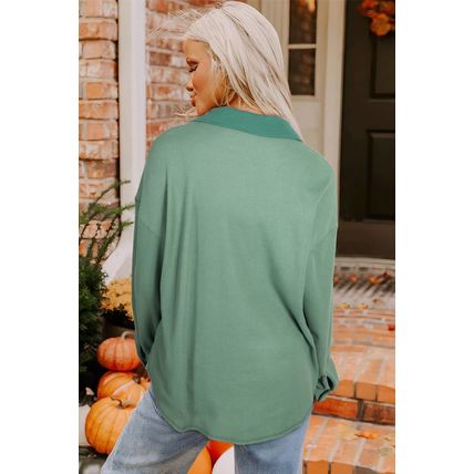 Grass Green Waffle Knit Vintage Patchwork Button Up Loose Shirt