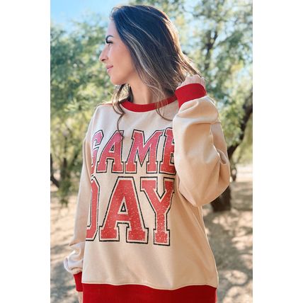 Oatmeal GAME DAY Letter Graphic Varsity Striped Detail Baggy Sweatshirt