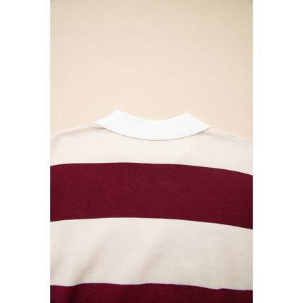 Brown Ribbed Trim Color Block Knitted Polo Collar Sweater