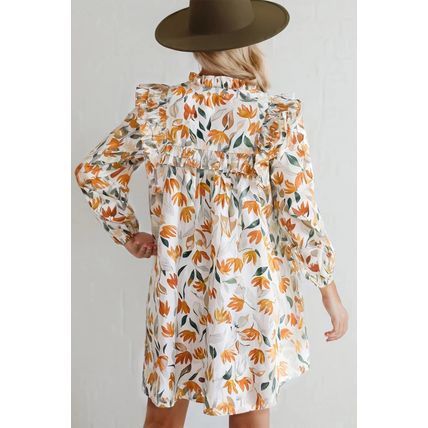 Yellow Floral Print Tie Neck Frilled Detail Long Sleeve Mini Dress