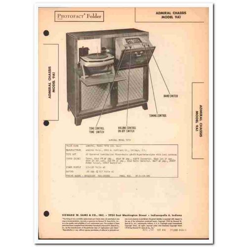 admiral model 9a1 9-tube am fm radio phonograph sams photofact manual