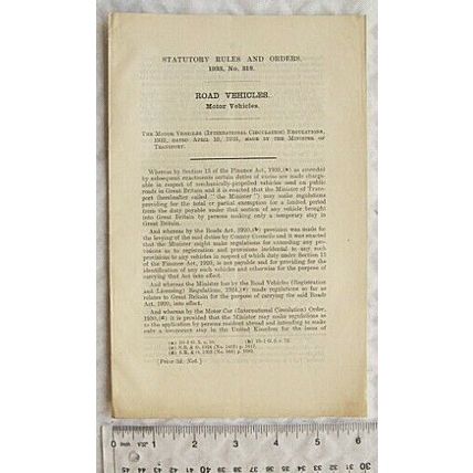 1933 Statutory Rules No. 318 Road Vehicles, international circulation