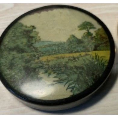 Vintage Early Plastic Black Lacquer Round Box with Landscape Portrait to Lid