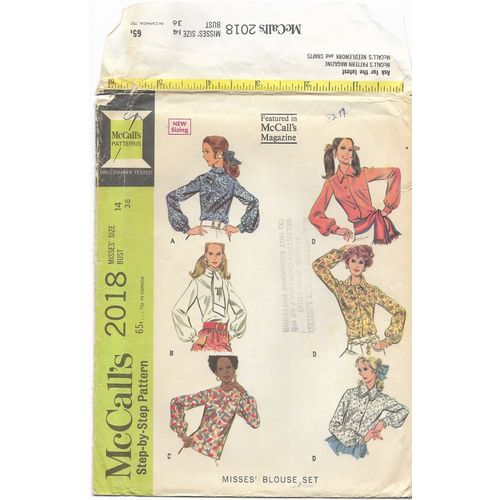 McCalls 2018 Sewing Pattern Misses Blouse Set Size 14 36” Bust Ca. 1969 Uncut FF