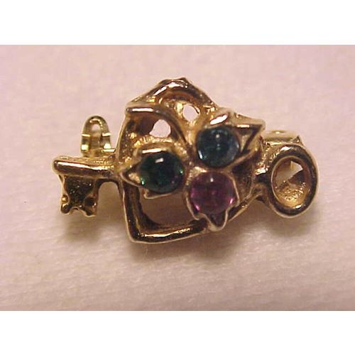 Heart Pin Skeleton Key Pin Green Aqua Rhinestone Gold Heart Pin 5/8"