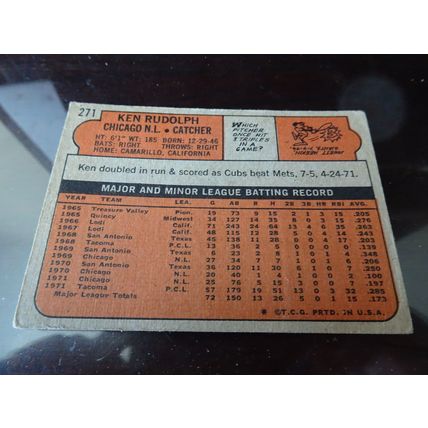 1972 Topps Card # 271 Ken Rudolph Good (2) Chicago Cubs