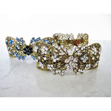 Large bronze gold bow leaves flowers amber purple blue crystal hair barrette