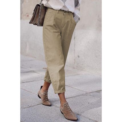 Khaki Solid High Waist Casual Pants
