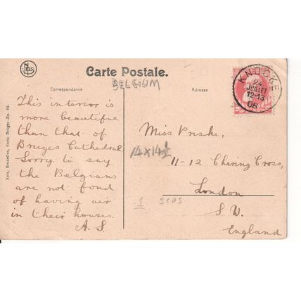 Antique Belgium Postcard 1906 - Bruges - Interior Of Notre-Dame