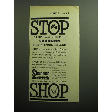 1958 Shannon Free Airport, Ireland Advertisement - Stop Stop and shop