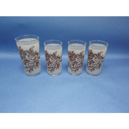 4 Vintage Swanky Swig Frosted Brown Roses Drinking Glasses 3 Juice 1 Water