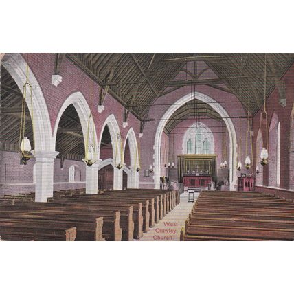 B777, WEST CRAWLEY CHURCH INTERIOR . COLOURED PRINTED POSTCARD.