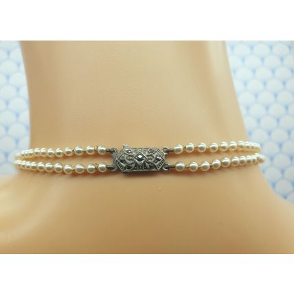 Vintage 1950s Double Strand Glass Pearl Bead Necklace with Sterling Silver Clasp