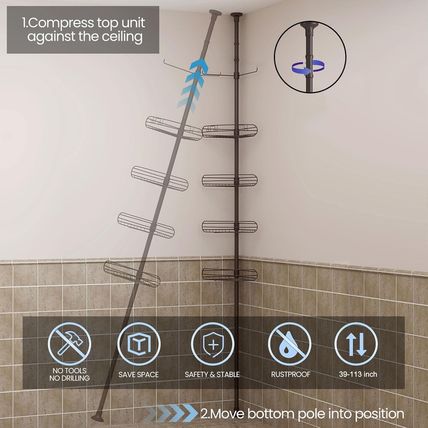 ALLZONE Corner Shower Caddy Tension Pole, 4-Tier Adjustable Shelves, Rustproof B