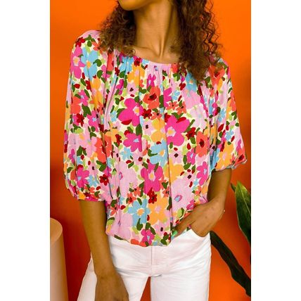 Red Floral Print Puff Sleeve Pleated Elastic Neckline Blouse