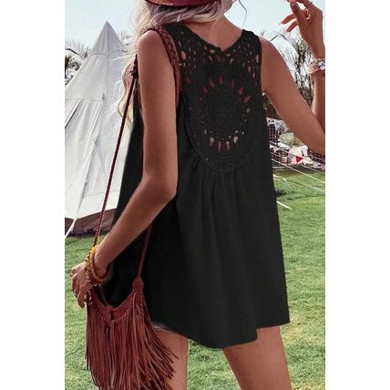 Black Bohemian Crochet Patchwork Sleeveless Tunic