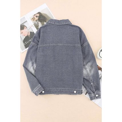 Gray Chest Pockets Drop Shoulder Loose Denim Jacket
